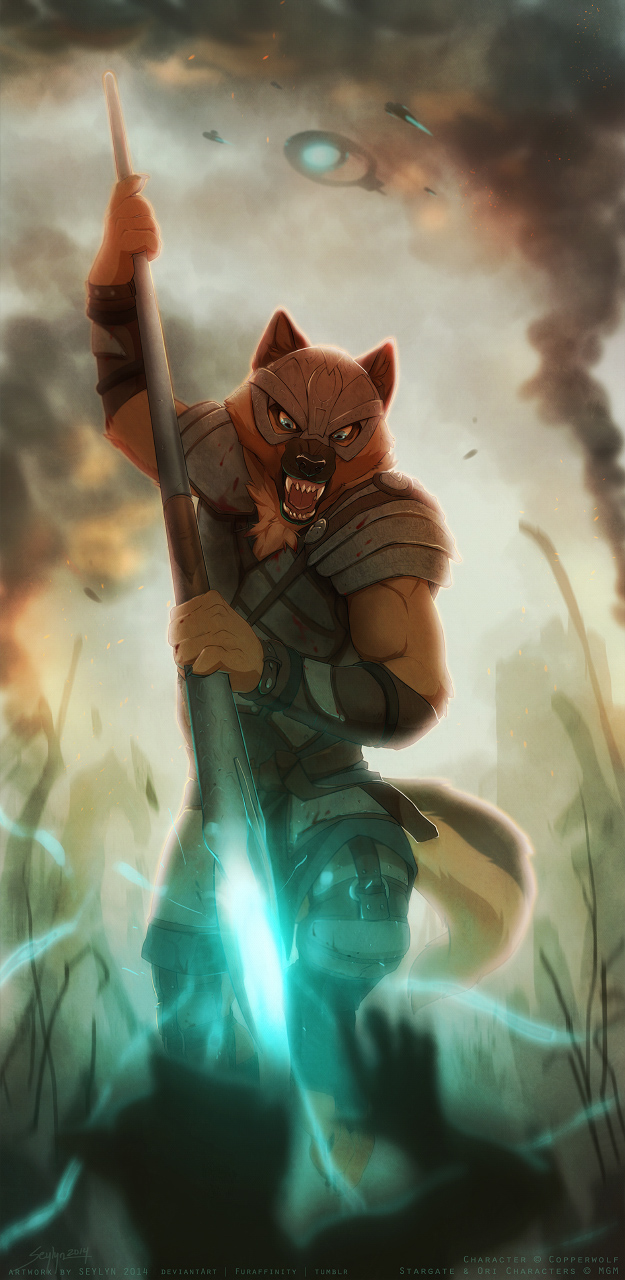 aircraft anthro armor black_nose brown_body brown_fur clothed clothing fangs fluffy fluffy_tail front_view fully_clothed fur headgear helmet holding_object holding_weapon inner_ear_fluff outside sky snarling solo tail teeth tongue tuft vehicle weapon seylyn stargate canid canine canis mammal wolf 2014 hi_res