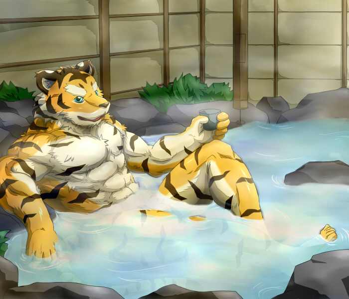 abs alcohol anthro beverage biceps big_muscles food fur hot_spring looking_at_viewer male muscular muscular_anthro muscular_male nude pecs pose solo steam stripes swimming_pool tail teal_eyes water wildheit felid mammal pantherine tiger