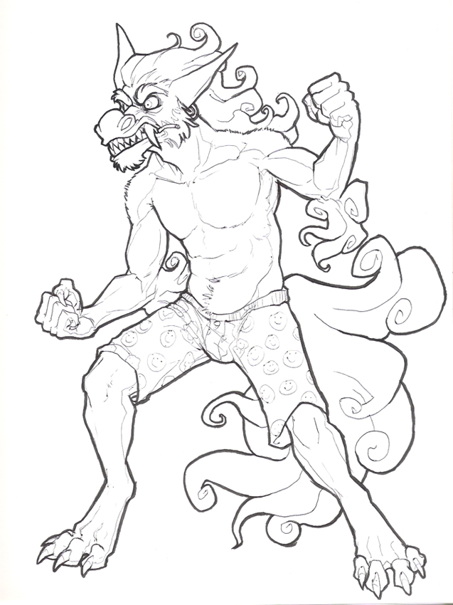 angry anthro cigarette claws clothing ear_piercing eyebrows fangs fighting_pose hair long_hair male piercing pose smoking solo standing tail teeth thick_eyebrows underwear airu asian_mythology east_asian_mythology mythology jake_(airu) foo_dog mammal traditional_media_(artwork)