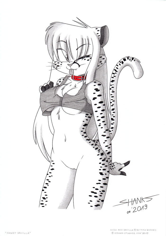 anthro belly bottomless breasts clothed clothing collar female fur genitals hair long_hair markings navel no_underwear pose pussy solo spots spotted_body spotted_fur tongue tongue_out toony under_boob tirashanks_(artist) vanilla_(tirashanks) cheetah felid feline mammal pinup