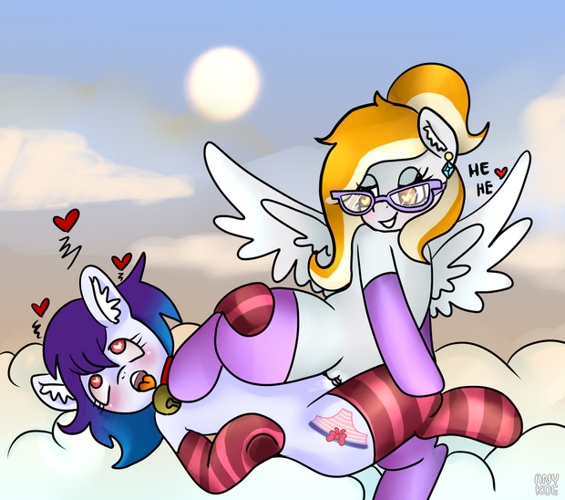 ahegao anthro bell bell_collar clothing cloud collar duo ear_piercing ear_ring eyewear female female/female floating_hearts footwear genitals glasses hair happy happy_sex heart_eyes heart_symbol inner_ear_fluff laugh looking_pleasured multicolored_hair open_mouth open_wings piercing pussy ring_piercing sex sky smile smiling_at_another smiling_at_partner socks sun text tongue tongue_out tribadism tuft vaginal wings anykoe hasbro my_little_pony mythology anykoe_(anykoe) rita_cloudy earth_pony equid equine horse mammal mythological_creature mythological_equine pegasus pony