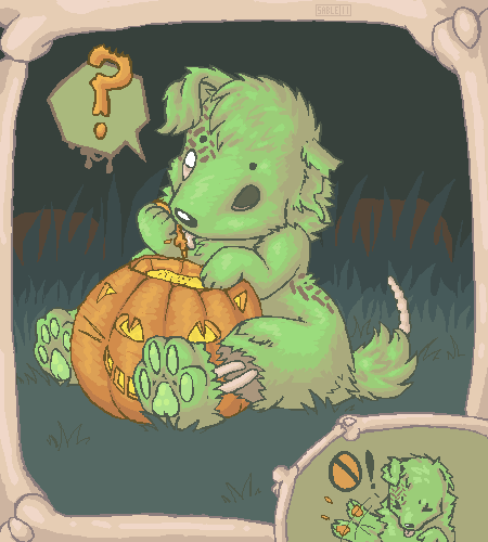 ambiguous_gender anthro bone chibi eating exclamation_point food fruit fur green_body green_fur jack-o'-lantern missing_eye plant pumpkin question_mark roadkill solo speech_bubble hush-a-bye canid canine mammal undead zombie low_res