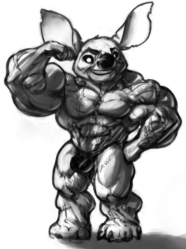 4_toes biceps bulge clothing feet flexing grin hand_on_hip looking_at_viewer male muscular muscular_male notched_ear pecs scar short_stack simple_background smile solo standing thong toes triceps underwear white_background furry_(artist) disney lilo_and_stitch fan_character stray_(furry) alien experiment_(lilo_and_stitch) 2012 greyscale monochrome