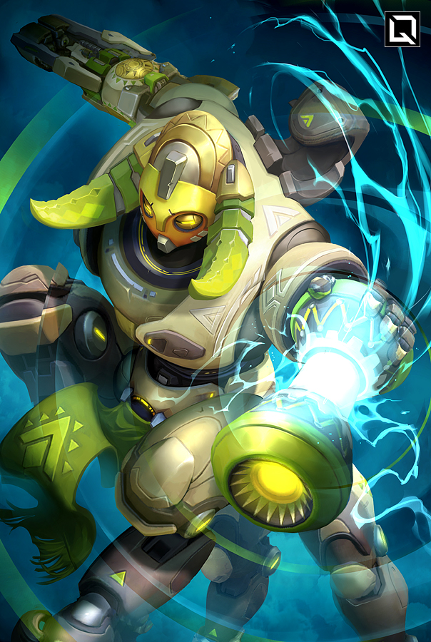 blue_background bottomwear clothing electricity front_view glowing glowing_eyes green_clothing horn lightning loincloth looking_down low-angle_view machine not_furry quadruped simple_background solo three-quarter_view yellow_eyes quirkilicious blizzard_entertainment overwatch orisa_(overwatch) omnic robot taur