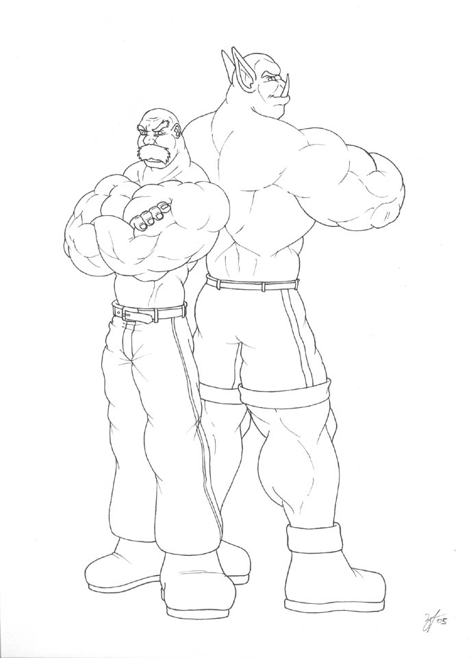 belt boots bottomwear clothed clothing duo facial_hair footwear male muscular muscular_male mustache not_furry pants shirtless shoes topless tusks braford trassk human humanoid mammal orc 2005 black_and_white monochrome sketch