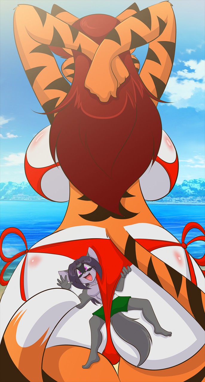 anthro arms_above_head auburn_hair beach big_breasts big_butt big_hair bikini black_markings black_stripes breasts butt clothing day detailed_background duo female fur gesture grey_body grey_fur hair larger_female long_hair looking_at_viewer male markings multicolored_body multicolored_fur orange_body orange_fur outside purple_eyes seaside size_difference smaller_male stripes swimwear thick_thighs two-piece_swimsuit waving white_body white_fur wide_hips mastergodai nintendo pokemon odile_nightingale shaze eevee felid generation_1_pokemon mammal pantherine pokemon_(species) tiger 2018 hi_res