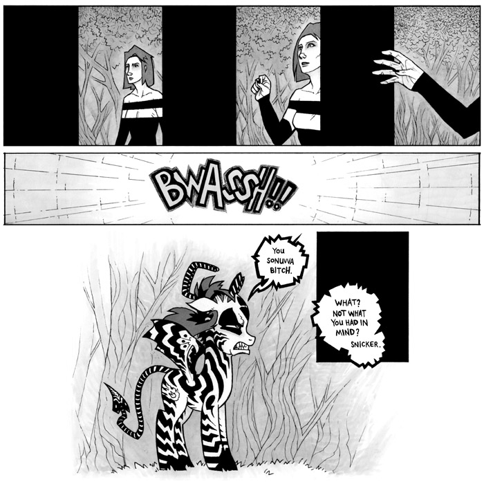 duo female feral monolith profanity quadruped stripes tail text joe_england zebra_girl demon equid equine human mammal zebra comic english_text greyscale monochrome