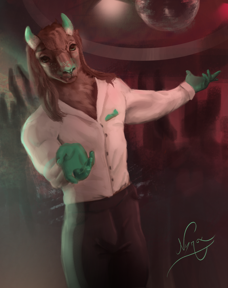 anthro brown_body clothing disco disco_ball dress_shirt give_(gesture) glowing green_eyes green_hands green_horn horn inviting long_ears looking_at_viewer male neck_tuft nightclub party shirt solo standing teeth topwear tuft nyrox_(artist) bovid bovine caprine cattle goat mammal