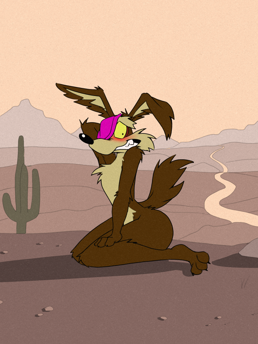 3_toes anthro blush brown_body brown_fur clothing_on_face feet fur kneeling looking_at_viewer male nude nude_anthro nude_male solo tail toes yellow_sclera dracojeff looney_tunes warner_brothers wile_e._coyote canid canine canis coyote mammal 2023 3:4