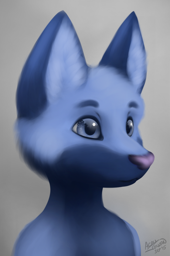 anthro blue_eyes fluffy fur grey_background male nude simple_background solo acru_jovian canid canine fox mammal 2:3 bust_portrait digital_media_(artwork) portrait