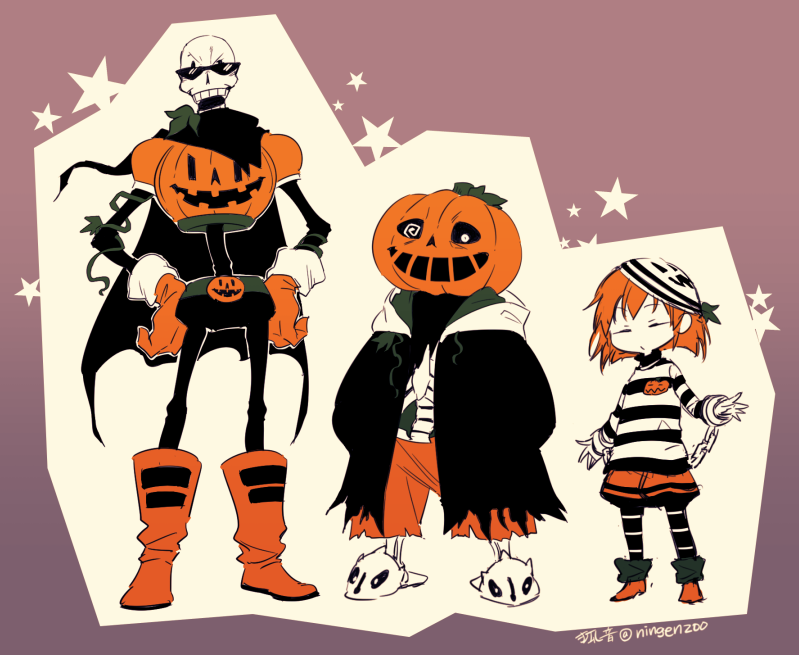 bone chain clothing eyewear food footwear for_a_head fruit group holidays jack-o'-lantern not_furry plant pumpkin pumpkin_head shoes skeleton slippers star sunglasses vines ningenzoo halloween undertale undertale_(series) frisk_(undertale) papyrus_(undertale) sans_(undertale) animated_skeleton human humanoid mammal object_head undead