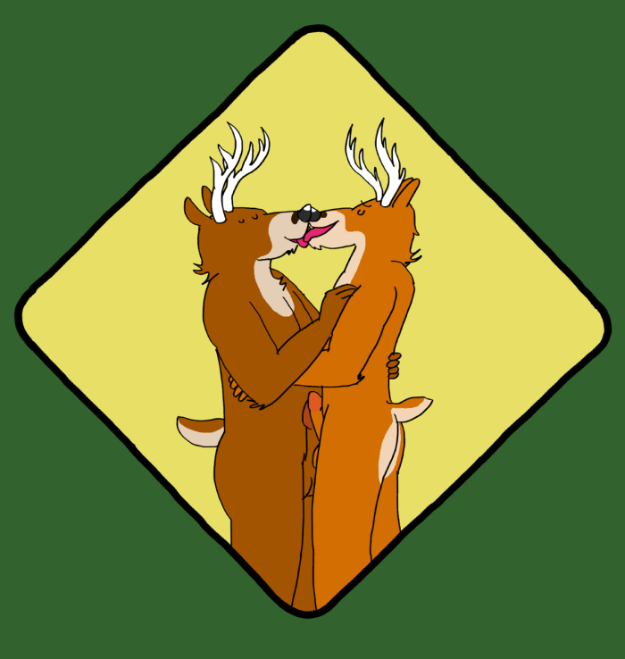 anthro antlers black_nose brown_body chin_tuft deer_crossing duo eyes_closed face_lick facial_tuft facing_each_other frottage fur fur_tuft genitals green_background hand_on_chest hand_on_hip horn hug humanoid_genitalia humanoid_penis kissing licking licking_mouth licking_tongue male male/male multicolored_body neck_tuft nose_to_nose orange_body penile penis penises_touching scut_tail sex short_tail simple_background tail tongue tongue_out tuft two_tone_body white_body yellow_background nuzzle_(artist) cervine deer mammal 2011