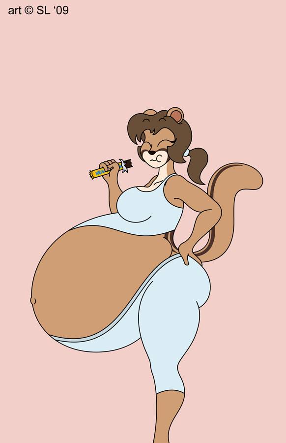 anthro belly big_belly big_breasts bottomwear breasts brown_hair candy candy_bar chocolate chocolate_bar clothing copyright_symbol dessert eyes_closed female food hair hyper hyper_pregnancy navel outie_navel pants ponytail pregnant simple_background solo symbol topwear satsumalord terry_(satsumalord) chipmunk ground_squirrel mammal rodent sciurid 2009 digital_media_(artwork)