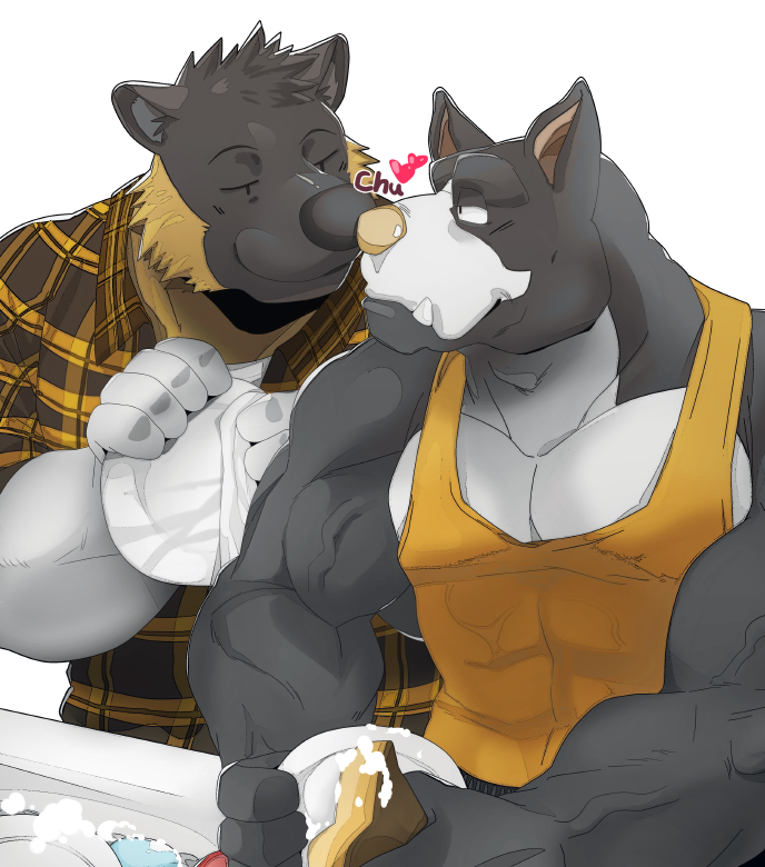 anthro clothing duo half-closed_eyes heart_symbol male male/male muscular muscular_male narrowed_eyes shirt tank_top topwear vein debirobu gab_(comic) ruff_bull voff_akita akita canid canine canis domestic_dog mammal mastiff molosser pit_bull spitz 2019