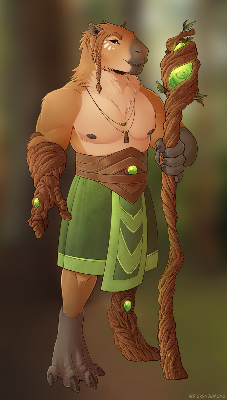 anthro braided_hair brown_body brown_fur claws clothed clothing druid fur hair jewelry magic_staff magic_user male neck_tuft necklace partially_clothed plant solo topless tree tree_bark tribal_spellcaster tuft dicksndemons capybara caviid elemental_creature flora_fauna hybrid mammal rodent hi_res