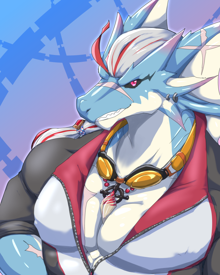 anthro black_sclera hair male muscular muscular_anthro muscular_male pecs red_eyes smile solo white_hair ryuukikeito lifewonders live_a_hero mythology hydoor dragon mythological_creature mythological_scalie scalie 4:5