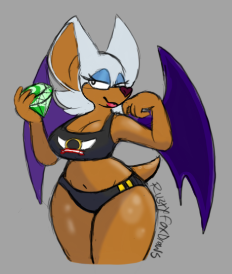 anthro big_breasts breasts bun_huggers clothed clothing eyeshadow female looking_at_viewer makeup panties solo sports_panties tail thick_thighs underwear wide_hips wings rustyfoxdraws sega sonic_the_hedgehog_(series) rouge_the_bat bat mammal sketch