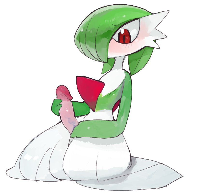 blush erection femboy genitals holding_penis humanoid_genitalia humanoid_penis male not_furry penis simple_background solo white_background liteu nintendo pokemon gardevoir generation_3_pokemon pokemon_(species)