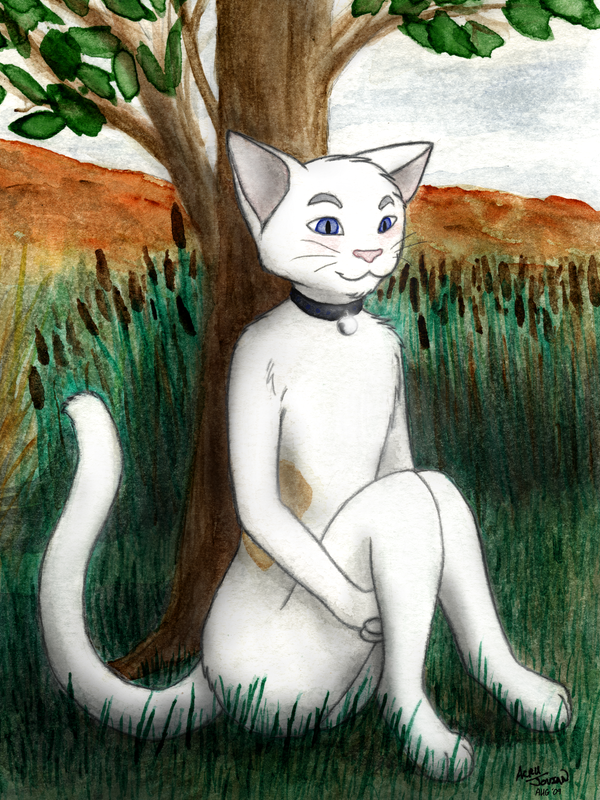 anthro bell biped cattail_(plant) cloud collar detailed_background fur glistening grass hill leaf male markings nature outside plant sitting sky solo spots spotted_body tree acru_jovian honest domestic_cat felid feline felis mammal 3:4 full-length_portrait graphite_(artwork) mixed_media painting_(artwork) portrait traditional_media_(artwork) watercolor_(artwork)