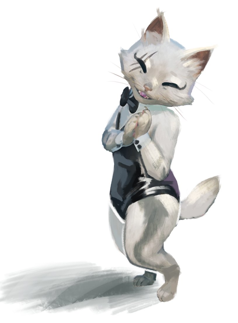 bow_tie bunny_costume clothing costume cuff_links digitigrade eyes_closed female fur inner_ear_fluff paws scar semi-anthro simple_background smile solo standing tail tuft white_body white_fur skeleton265 domestic_cat felid feline felis mammal 2025 digital_media_(artwork) digital_painting_(artwork) painting_(artwork)