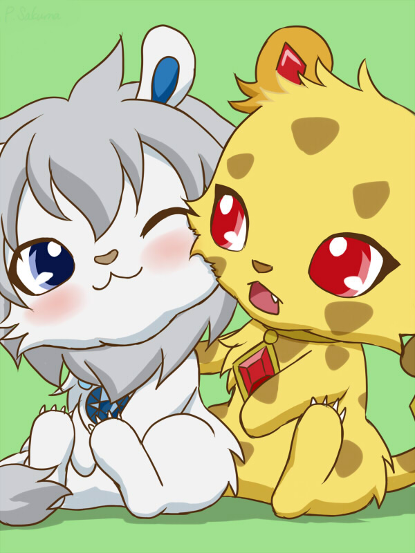 :3 anthro blush claws duo fur green_background jewelry male one_eye_closed open_mouth simple_background sitting white_body white_fur wink yellow_body yellow_fur 柵馬 jewelpet sanrio sega sega_fave granite_(jewelpet) jasper_(jewelpet) cheetah domestic_cat felid feline felis lion mammal pantherine 3:4 letterbox