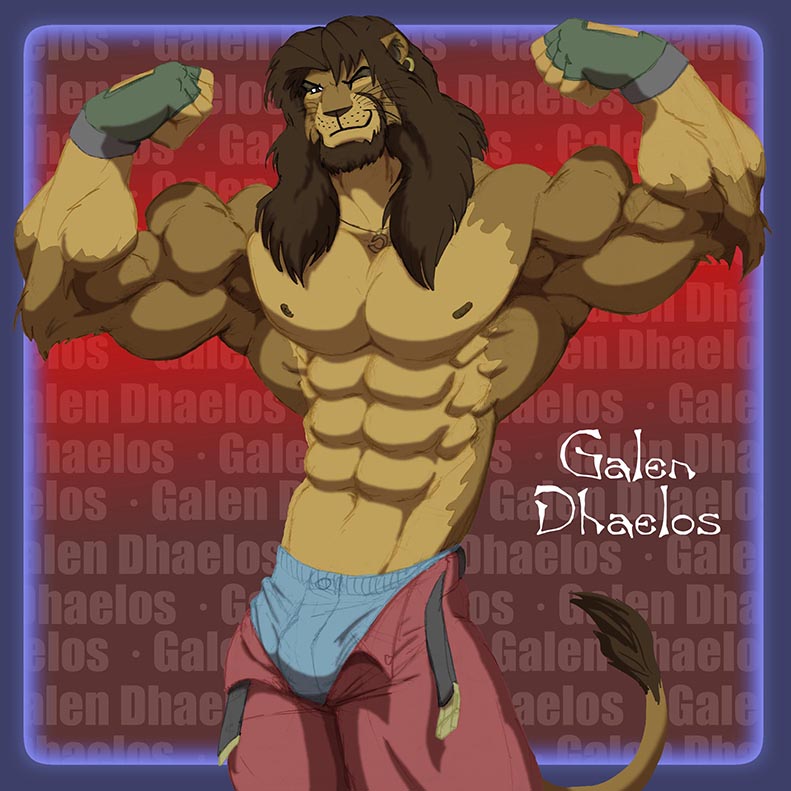 abs anthro beard belt biceps big_muscles big_pecs biped bottomwear brown_body brown_hair bulge clothed clothing facial_hair flexing gloves goatee hair handwear huge_muscles long_hair looking_at_viewer male muscular muscular_anthro muscular_arms muscular_male obliques one_eye_closed pants pecs piercing smile solo text topless triceps underwear wink galen galen_dhaelos felid mammal pantherine tiger 1:1