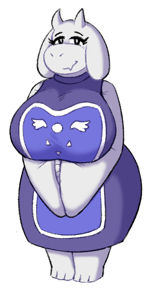 anthro barefoot big_breasts breasts chibi clothing curvy_figure cute_fangs delta_rune_(emblem) dress fangs feet female floppy_ears fur horn huge_breasts large_sleeves looking_at_viewer lop_ears robe smile solo symbol teeth voluptuous white_body white_fur fimif undertale undertale_(series) toriel bovid caprine goat mammal monster alpha_channel