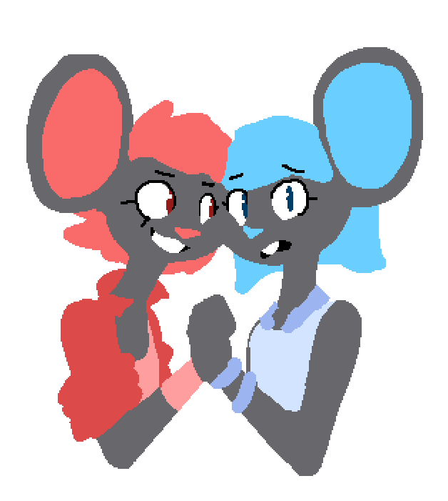 ambiguous_gender anthro big_ears blue_eyes blue_hair bracelet clothed clothed_anthro clothing duo face_squish grey_body grey_skin hair hand_holding jacket jewelry red_eyes red_hair smile squish topwear worried uglycoal nintendo nintendo_switch_2 switch_mouse mammal mouse murid murine rodent