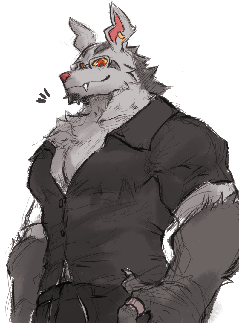 anthro barazoku bared_fangs big_muscles biped fur grey_body grey_fur looking_at_viewer male muscular muscular_anthro muscular_male pecs red_eyes solo yellow_sclera dark4202n nintendo pokemon canid canine canis generation_3_pokemon mammal mightyena pokemon_(species) wolf 2024