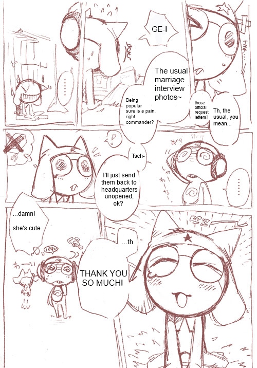 anthro crossgender duo female femboy male one_eye_closed text wink unknown_artist sgt._frog keroro kururu tamama amphibian keronian comic english_text monochrome translated