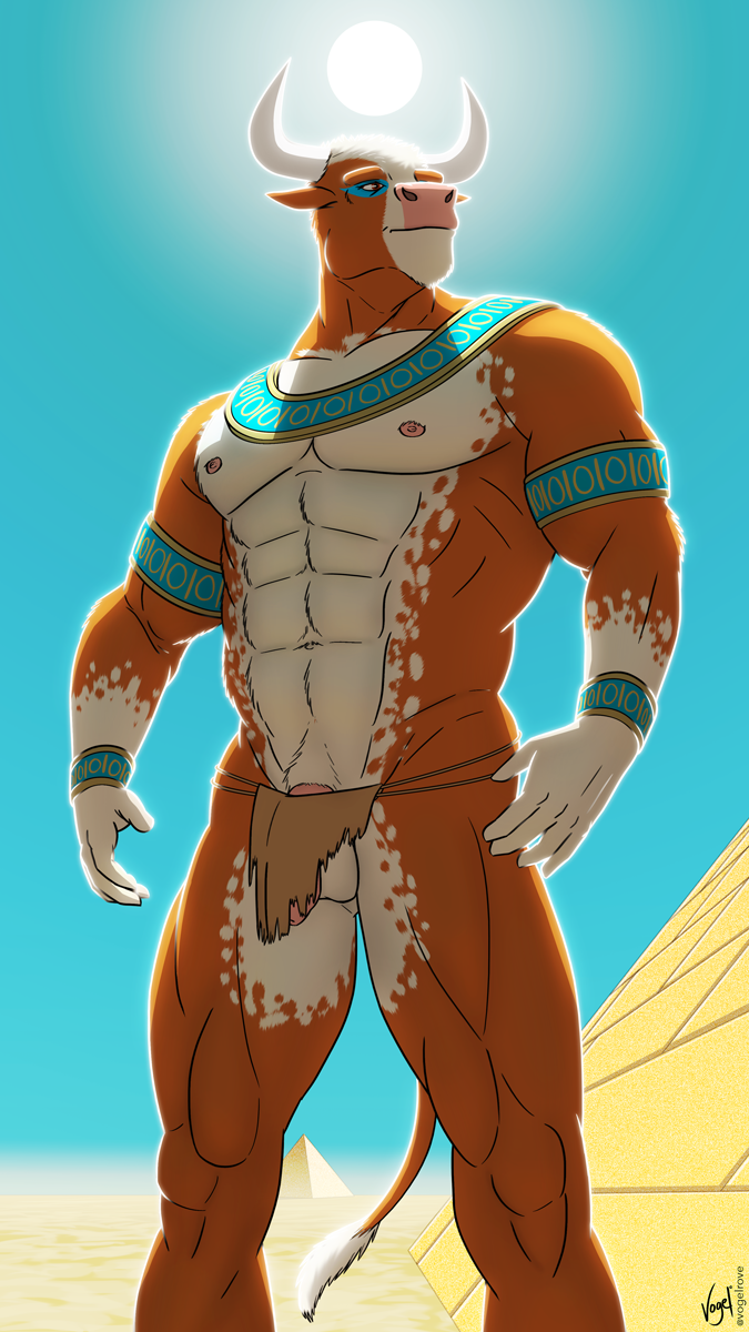 abs anthro balls biceps bottomwear clothed clothing day desert genitals horn jewelry loincloth male muscular muscular_anthro muscular_male pecs penis pubes pyramid skimpy solo sun vogelrove bovid bovine cattle mammal 2017 9:16 hi_res