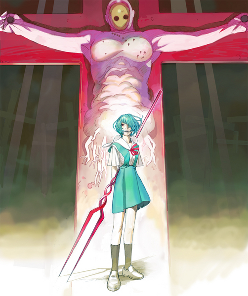 blue_hair clothing cross crucifixion duo featureless_chest female hair lance_of_longinus legless not_furry red_eyes school_uniform student uniform unknown_artist neon_genesis_evangelion lilith_(evangelion) rei_ayanami angel_(evangelion) eldritch_abomination human humanoid mammal digital_media_(artwork) full-length_portrait portrait