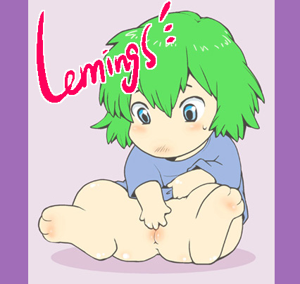 female genitals green_hair hair pussy semi-anthro simple_background solo text young young_female soukosouji lemmings cricetid lemming mammal rodent english_text engrish low_res