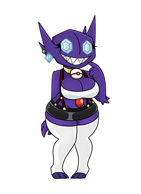 anthro big_breasts bottomwear breasts clothing collar female gem jewelry legwear overalls piercing pokeball premier_ball purple_eyes sharp_teeth shirt simple_background skirt smile solo stockings teeth topwear white_background urusee584 nintendo pokemon generation_3_pokemon pokemon_(species) sableye