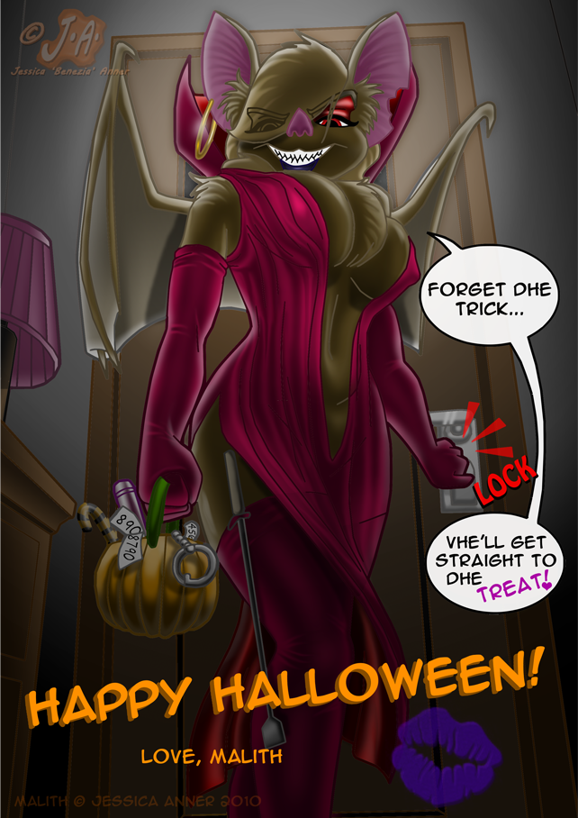 anthro clothing cosplay door dress female first_person_view food fruit holidays jack-o'-lantern looking_at_viewer plant pumpkin solo text janner3d halloween malith_volskov bat mammal english_text