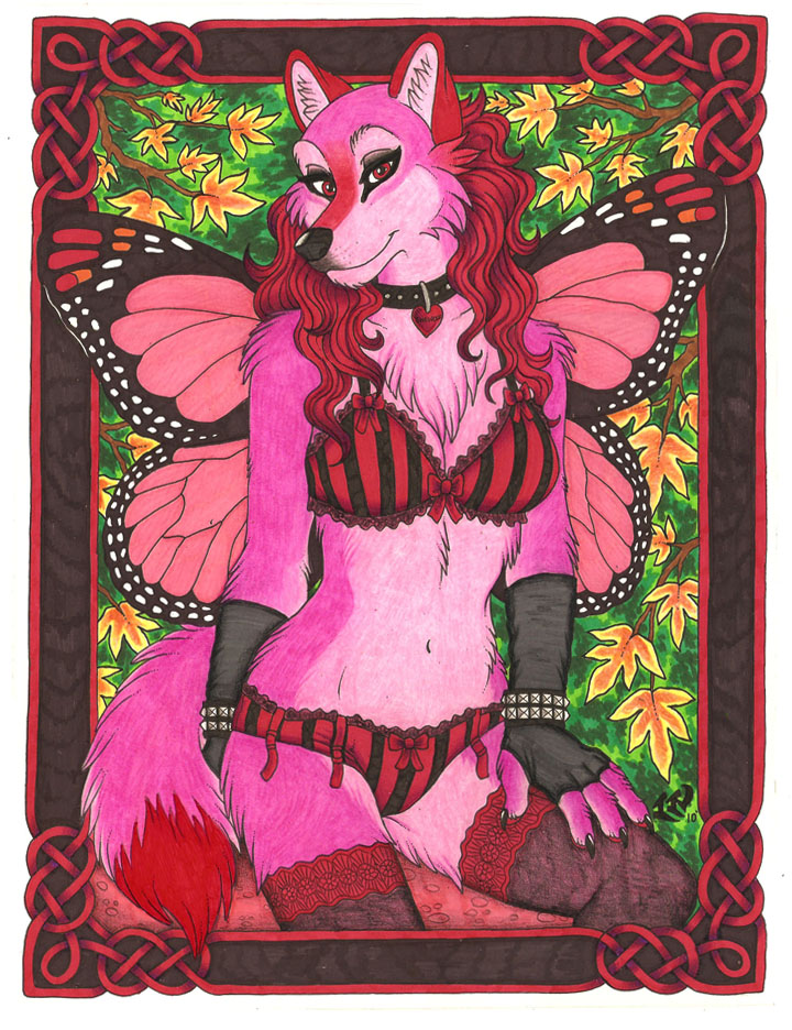 anthro art_nouveau collar dipstick_tail female fur insect_wings lepidopteran_wings markings pink_body pink_fur solo tail tail_markings wings luthien_nightwolf maraschino arthropod butterfly butterfly_furry canid canine canis hybrid insect lepidopteran mammal wolf 2010 traditional_media_(artwork)