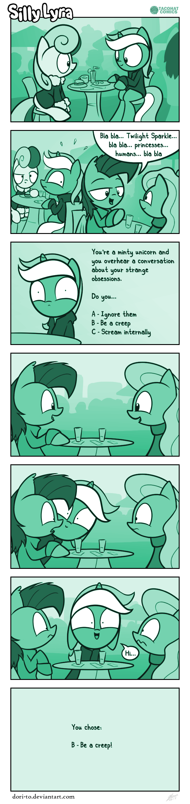 ambiguous_gender duo feral horn humor smile text dori-to friendship_is_magic hasbro my_little_pony mythology bonbon_(mlp) fan_character lyra_heartstrings_(mlp) equid equine mammal mythological_creature mythological_equine unicorn absurd_res comic english_text green_theme hi_res long_image tall_image