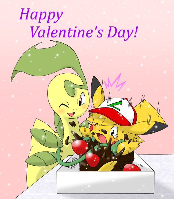 ambiguous_gender blush bodily_fluids cake candy chocolate chocolate_cake dessert duo feral food fruit holiday_message holidays one_eye_closed pink_background plant simple_background strawberry sweat text pasaran nintendo pokemon valentine's_day ash's_bayleef ashchu bayleef generation_1_pokemon generation_2_pokemon pikachu pokemon_(species) english_text female_(lore) male_(lore)