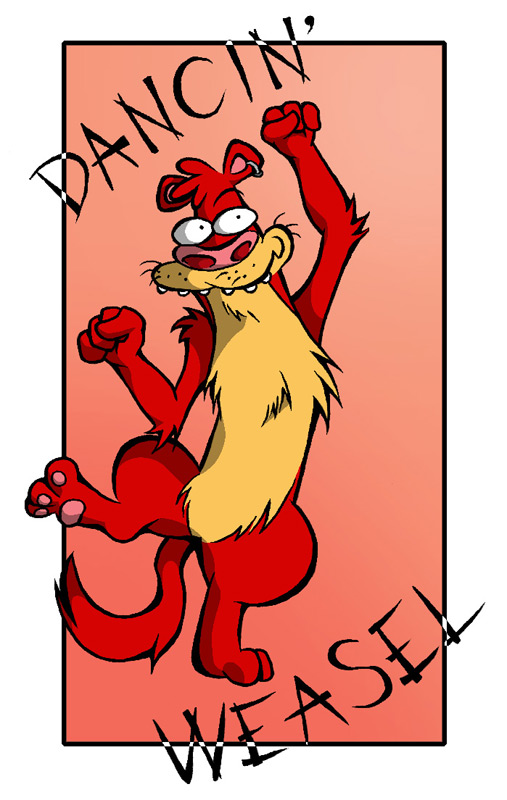 3_toes 4_fingers anthro dancing ear_piercing feet fingers fur male pawpads piercing red_body red_fur simple_background solo text toes yellow_body yellow_fur anti_dev cartoon_network i_am_weasel i._m._weasel mammal mustelid musteline true_musteline weasel 2009 english_text