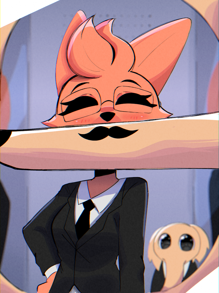 agent ambiguous_gender anthro black_clothing black_eyes black_necktie black_nose black_suit blurred_background blush blush_lines business_suit clothing covering covering_mouth dress_shirt duo eyes_closed eyewear facial_hair fake_mustache female fur glasses hand_on_hip long_snout mustache necktie orange_body orange_fur shirt snout suit suit_jacket tan_body tan_fur topwear indiana_souf let_me_do_it_for_you annita_catfox borzoi_(indiana_souf) borzoi canid canine canis domestic_cat domestic_dog felid feline felis fox hunting_dog hybrid mammal sighthound 2023 meme portrait three-quarter_portrait