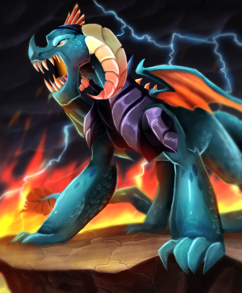 big_teeth blue_body blue_scales crown electricity feral fire headgear horn lightning male membrane_(anatomy) membranous_wings open_mouth outside scales sky solo spade_tail spines tail teeth wings scarlet-spectrum friendship_is_magic hasbro my_little_pony mythology dragon_lord_torch_(mlp) dragon mythological_creature mythological_scalie scalie 2017