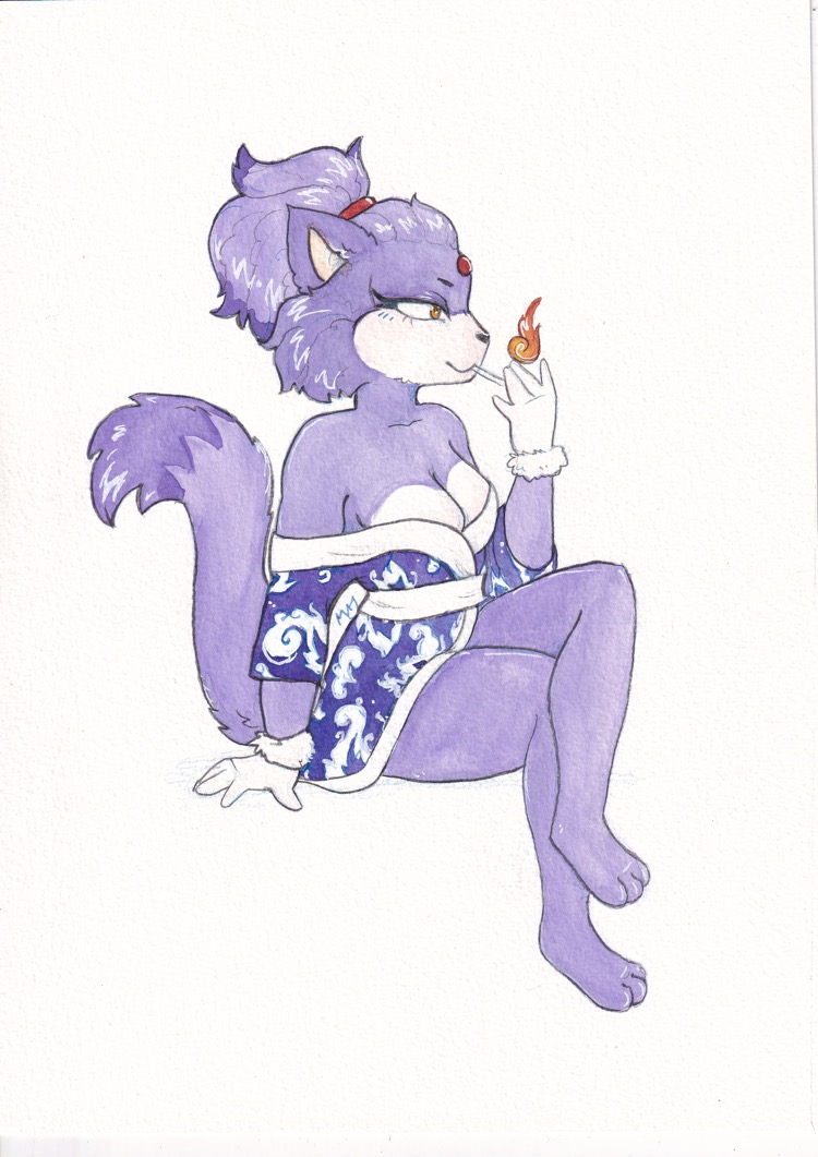 accessory anthro asian_clothing barefoot breasts cigarette cleavage clothed clothing east_asian_clothing feet female fire forehead_gem gem hair_accessory hairband japanese_clothing kimono lighting_cigarette sitting smile solo fawnography sega sonic_the_hedgehog_(series) blaze_the_cat felid feline mammal