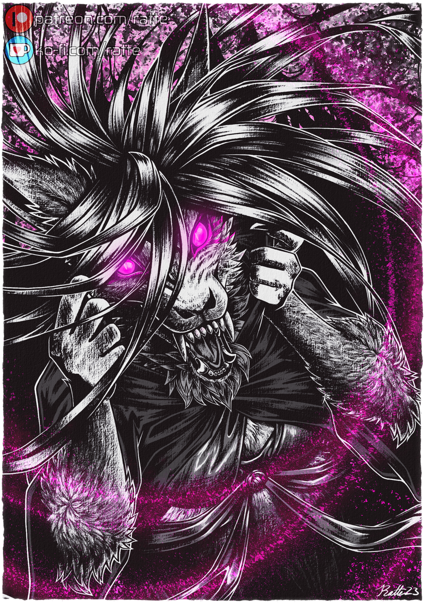 anthro black_hair border claws cloak clothed clothing female glowing glowing_eyes hair long_hair looking_at_viewer magic open_mouth pupils purple_eyes slit_pupils solo text transparent_border conditional_dnp ratte legacy_(ratte) kumo_(ratte) canid canine fox mammal wraith 2023 alpha_channel digital_media_(artwork) hi_res painting_(artwork) purple_theme signature traditional_media_(artwork) url