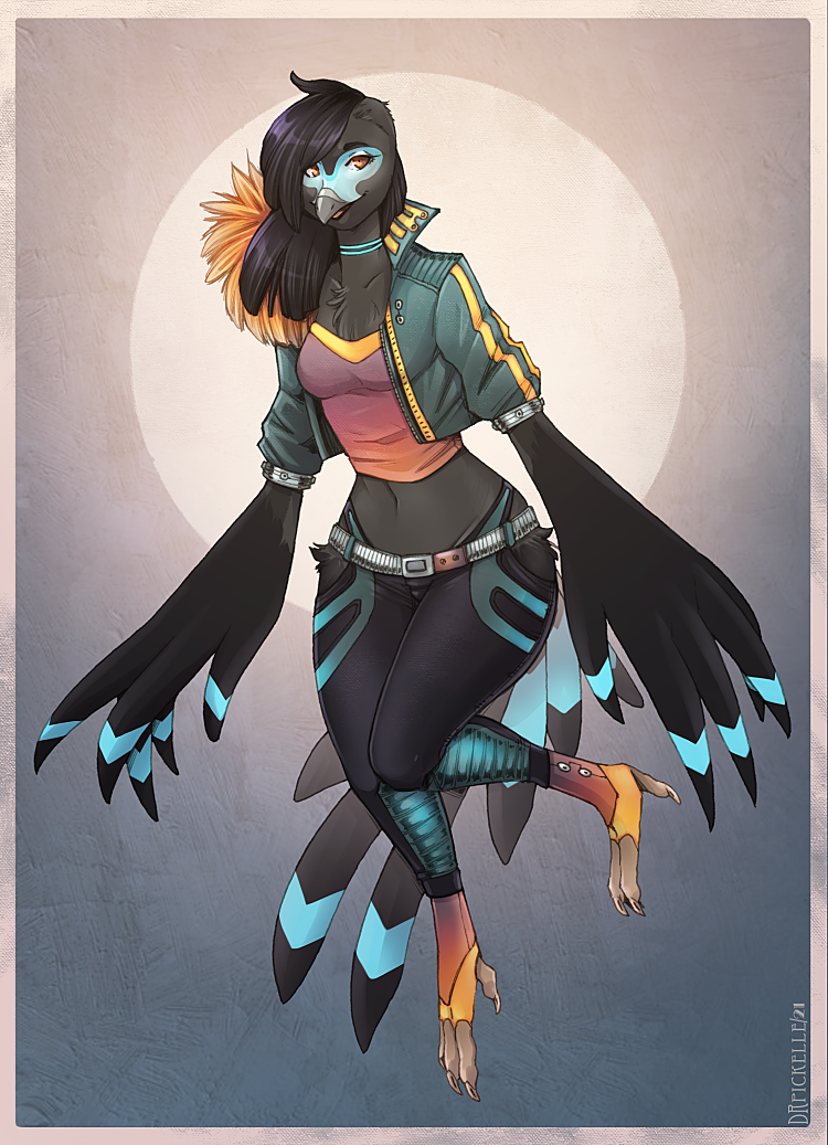 anthro avian_feet beak black_body black_feathers black_hair bottomwear breasts chest_tuft clothed clothing feathered_wings feathers female fully_clothed hair jacket midriff non-mammal_breasts pants solo topwear tuft wide_hips winged_arms wings drpickelle avian bird