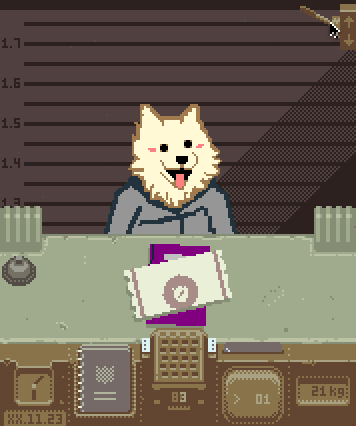 bell book clock clothed clothing document fur hair lever metric_unit number passport solo tongue tongue_out unit watch sulfurado papers_please undertale undertale_(series) lesser_dog canid canine canis domestic_dog mammal low_res