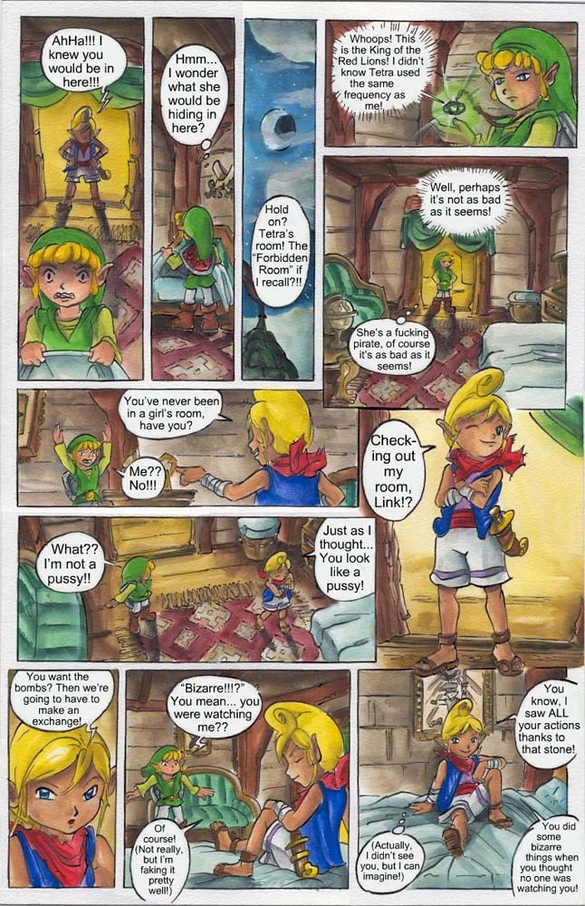 duo female male male/female not_furry profanity ship text vehicle watercraft young young_female young_humanoid young_male passage nintendo the_legend_of_zelda wind_waker link pirate_leader_tetra toon_link humanoid hylian comic english_text traditional_media_(artwork)