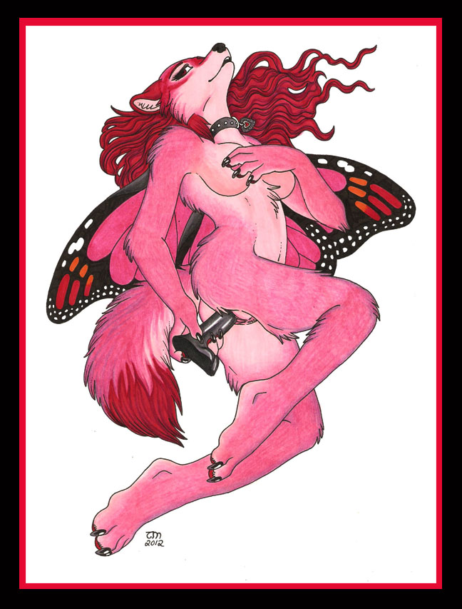 anthro black_border border breasts collar covering covering_self dildo female fur genitals hair insect_wings masturbation nude penetration pink_body pink_fur pussy red_hair sex_toy solo tail toying_self vaginal vaginal_masturbation vaginal_penetration wings luthien_nightwolf maraschino arthropod butterfly butterfly_furry canid canine canis hybrid insect lepidopteran mammal wolf 2012 traditional_media_(artwork)