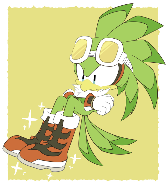 anthro biped blue_eyes boots border clothing crossed_arms eyewear feathers footwear gloves goggles green_body green_feathers handwear male red_boots red_clothing red_footwear shoes simple_background sitting solo sparkles white_border yellow_background sikai sega sonic_riders sonic_the_hedgehog_(series) jet_the_hawk accipitrid accipitriform avian bird