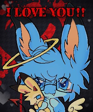 2000s_theme 2_horns :3 abstract_background ahoge ambiguous_feral ambiguous_gender blue_body blue_eyes blue_fur blush chibi countershade_face countershading duo eyewear fangs feral floating_wings fur glasses hair halo halo_around_ear horn i_love_you kemono open_mouth open_smile red_horn semi-anthro smile spade_tail tail teeth text unusual_anatomy unusual_wings wings yellow_halo dethtwink lagomorph leporid mammal rabbit 2023 english_text low_res