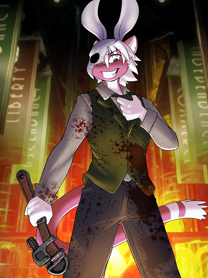 5_fingers anthro art_deco blood blood_on_clothing blue_eyes bodily_fluids bottomwear broken_mask clothing cosplay costume fingers fur green_clothing green_topwear green_vest hair holding_object holding_tool holding_wrench looking_at_viewer male mask multicolored_body multicolored_fur pants pink_body pink_fur pipe_wrench shirt solo standing tools topwear two_tone_body two_tone_fur vest white_body white_clothing white_fur white_hair white_shirt white_topwear wrench dracojeff 2k_games bioshock dandycupcake splicer domestic_cat felid feline felis mammal 2022 3:4